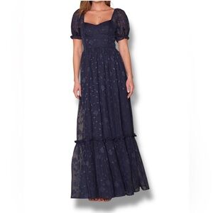 Lulus Navy Blue Floral Embossed Sweetheart Puff Short Sleeve A-Line Maxi Size M